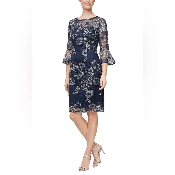 Alex Evenings Missy - Short Embroidered Sheath Cocktail Dress with Illusion Neckline & Bell Sleeves Navy Silver / 8